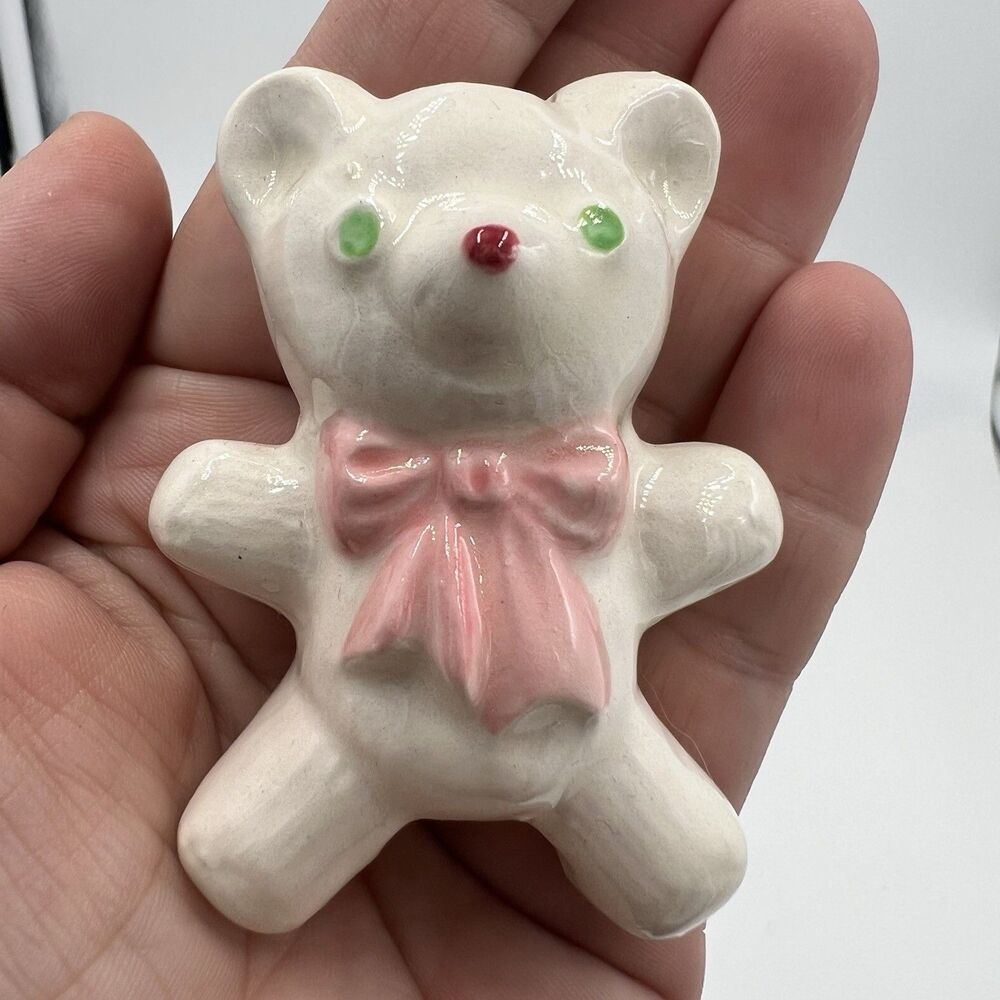 Rare Vintage Macrame Ceramic Bead Baby Bear Girl Pink Bow Figurine Stuffy Lovie